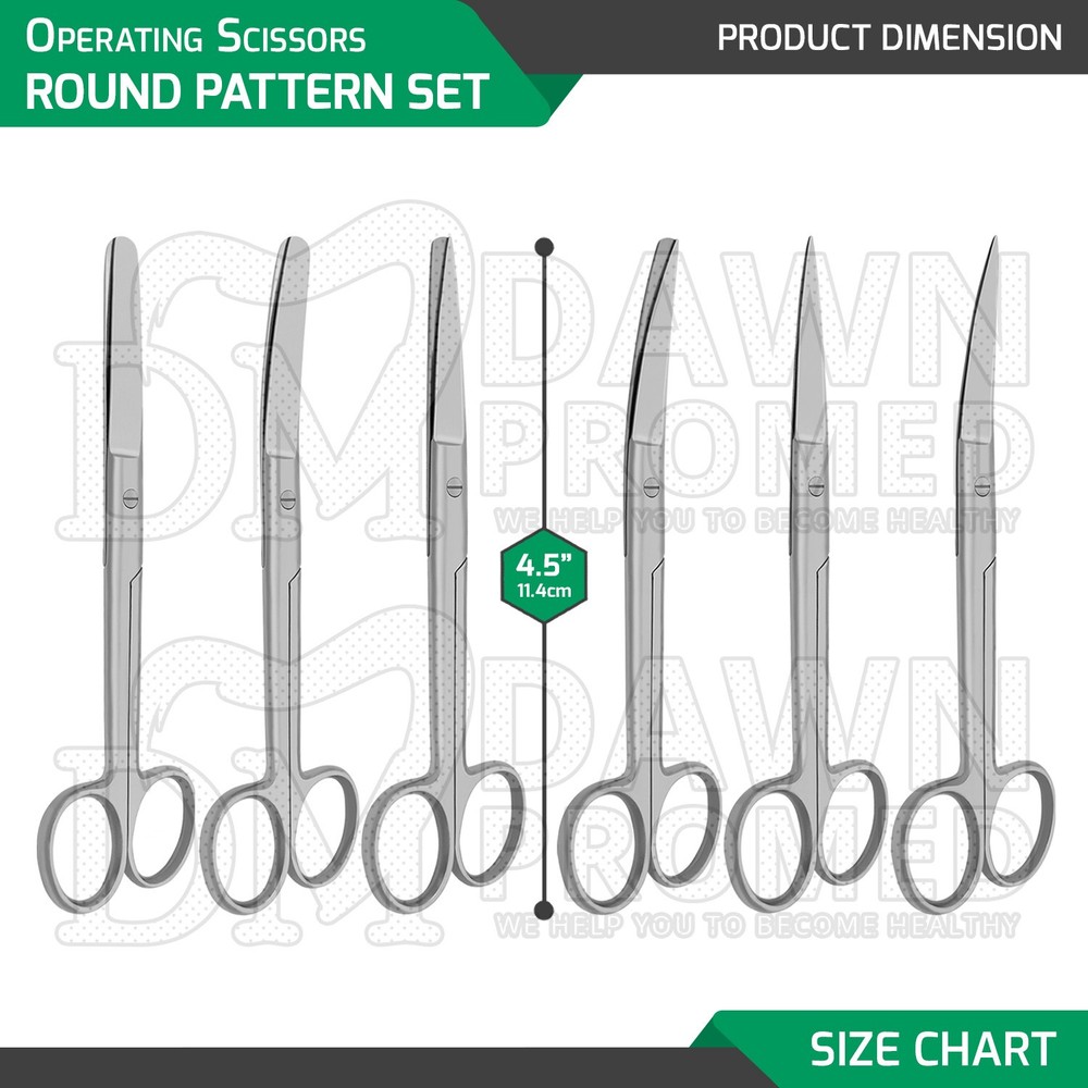 6 Pcs Operating Scissors 4.5" Straight & Curved Round Pattern Set German Grade