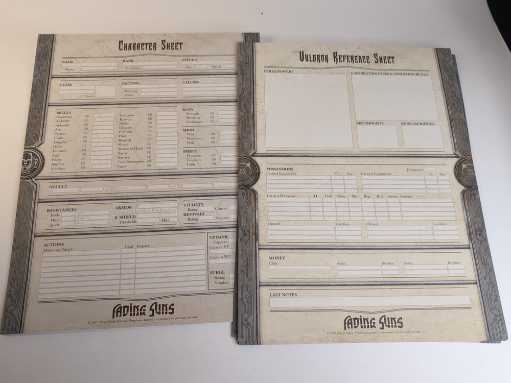 FADING SUNS: NEW FRONTIERS PLAY KIT-Character Sheets/Play Mats/Cheat Sheets
