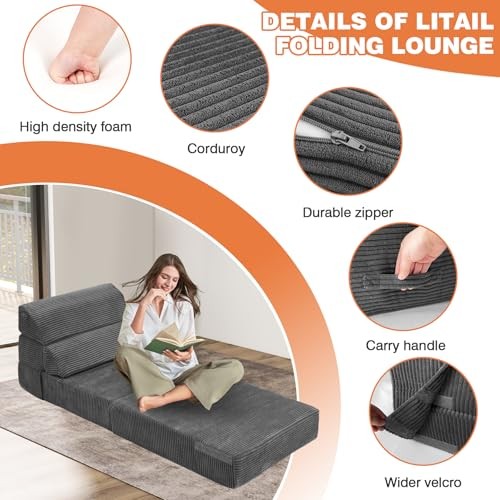 Comfy Folding Sofa Bed - Convertible Sleeper Sofa Fold Out Single Dark Grey