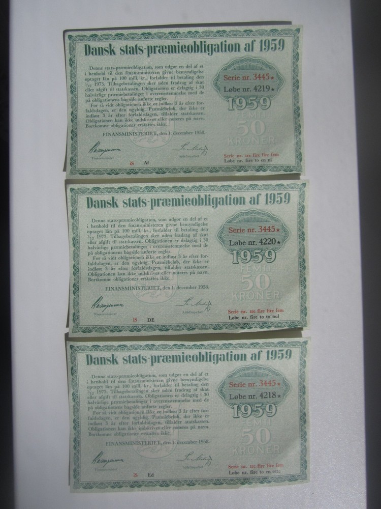 3x 1959 DENMARK PREMIEOBLIGATION