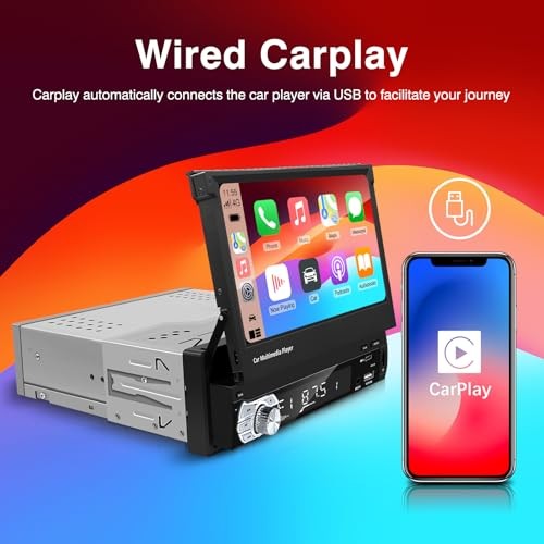 Type-C&USB Single-Din-Carplay& Android-Auto 1-Din Flip Touch Screen Car Stereo