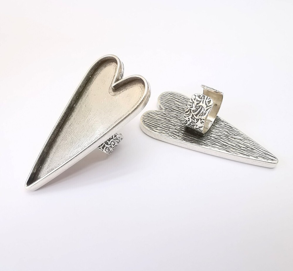 Large Heart Ring Blank Settings, Cabochon Mounting, Adjustable Antique Silver