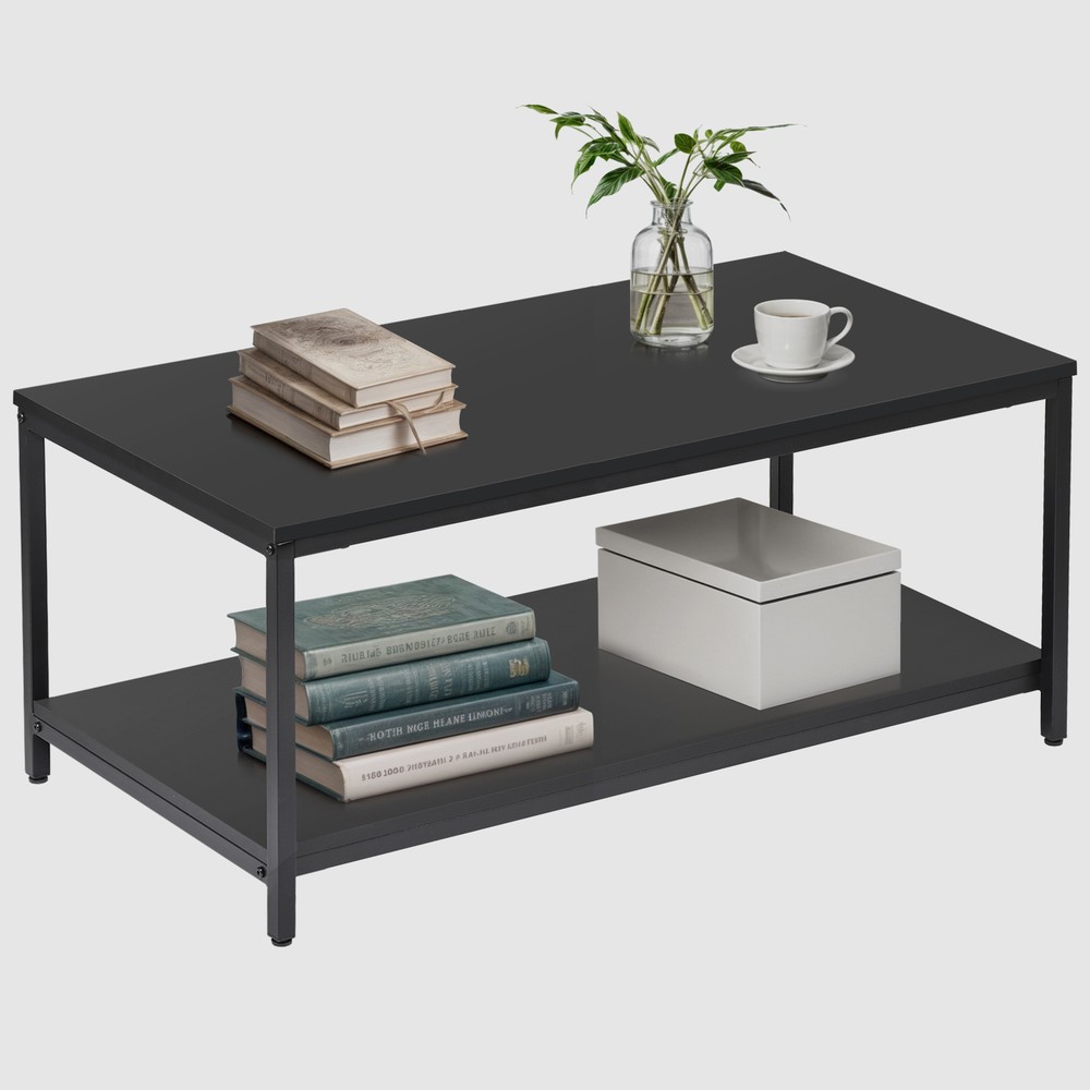 39" Rectangular Coffee Table Industrial Wood Center Table w/ Storage Shelf Black