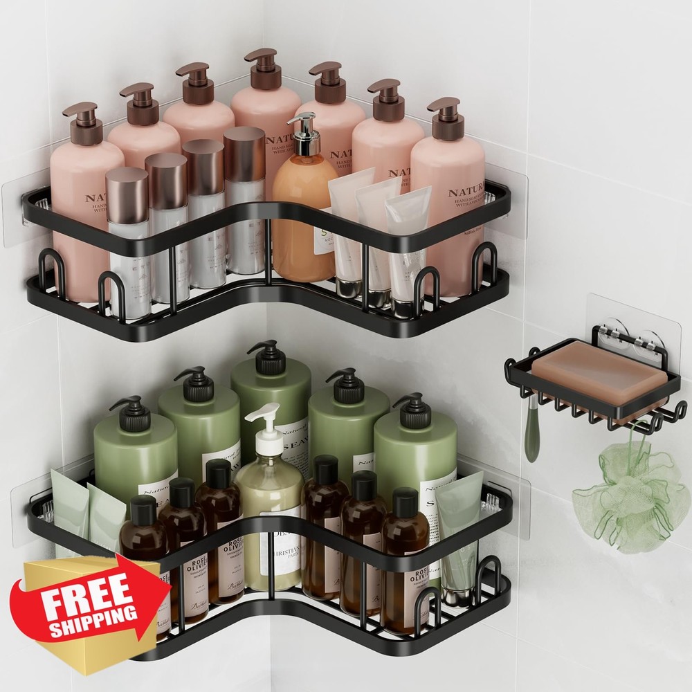 Veken 3-Pack Black Adhesive Shower Caddy Corner No Drill Rustproof