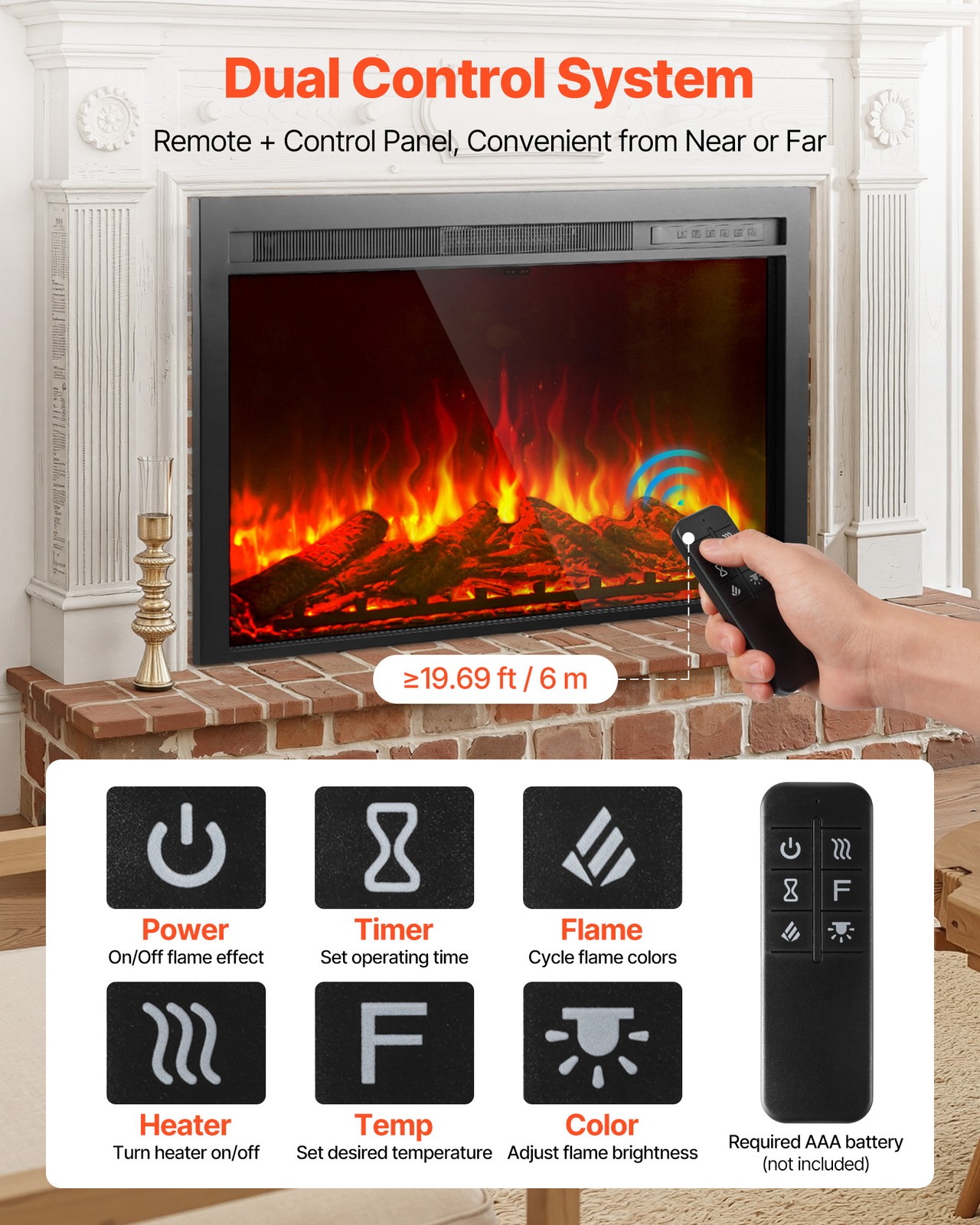 VEVOR 40in Electric Fireplace Insert Wall Recessed Heater 750W 1500W Remote