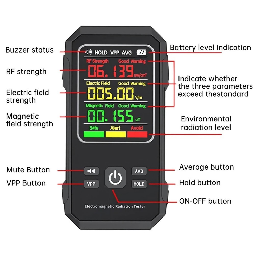 Digital Electromagnetic Field EMF Meter with Peak and Average Value Switching