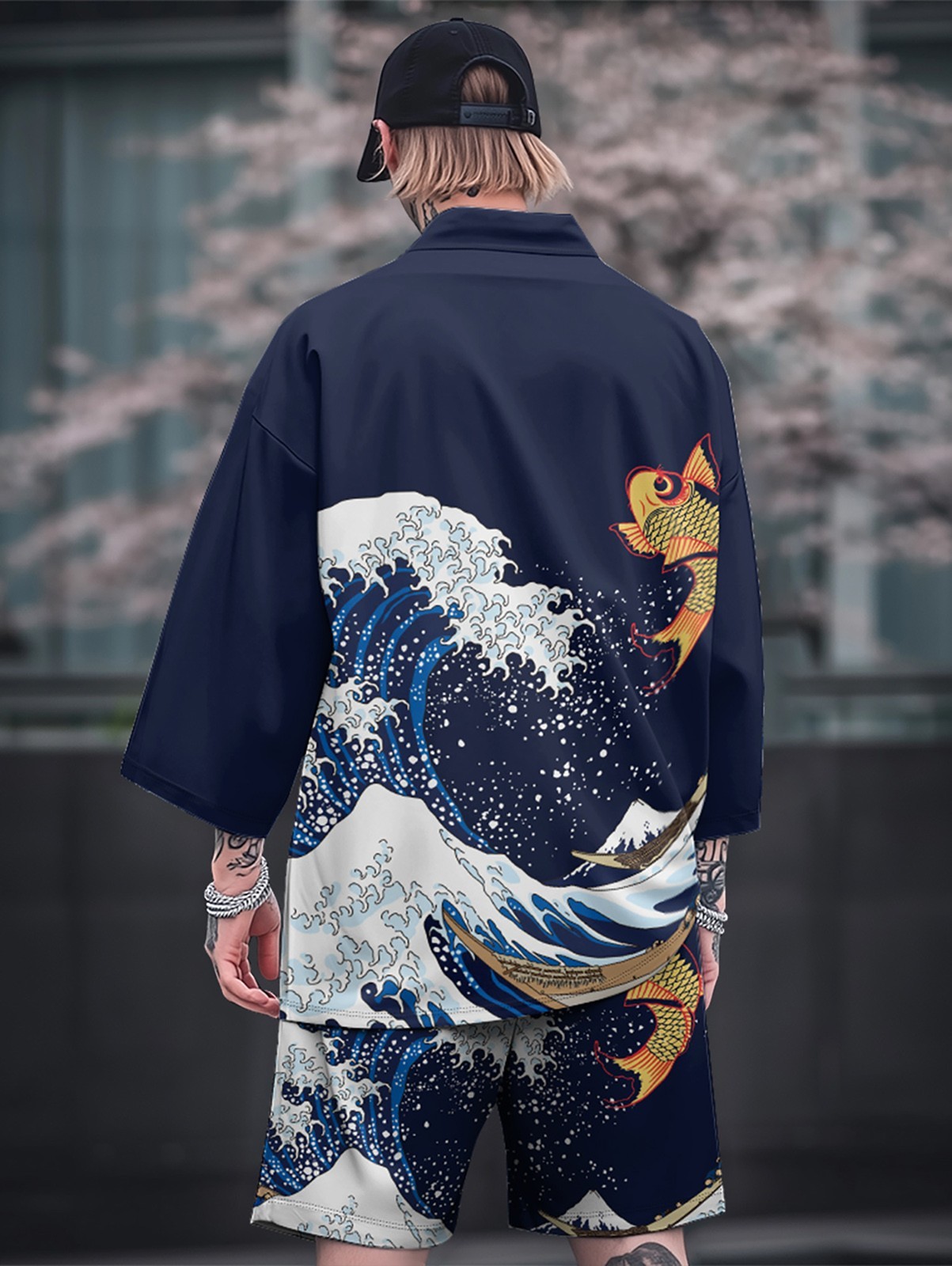 Niepce Japanese Graphic Kimono Cardigan Shirt with Lightweight Streetwear Shorts