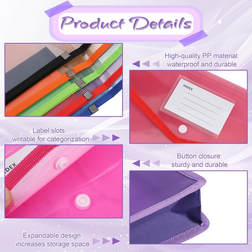 8 Pack Plastic Expanding File Folders, Plastic File Folders, Multicolor