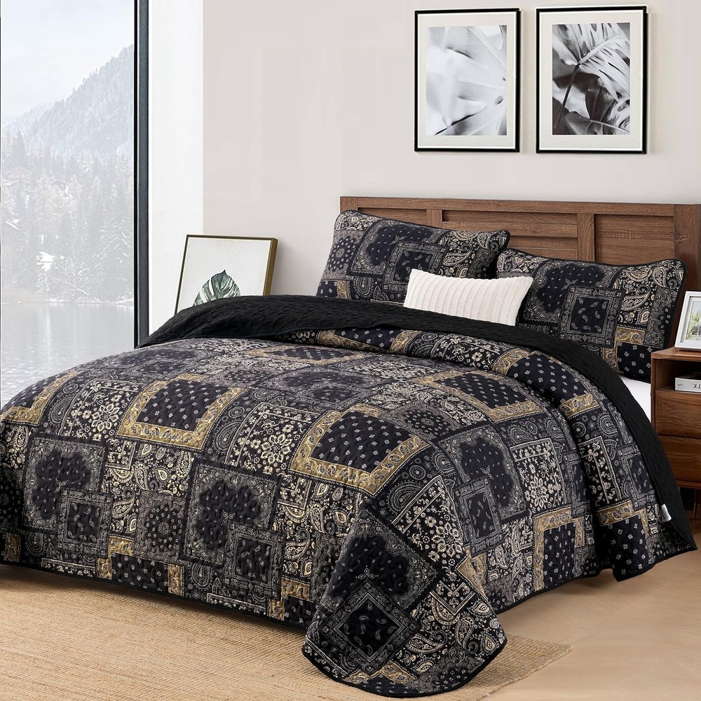 Cottolester Boho Patchwork Quilt Set Queen Size,Black Gold Fall Bedspread,Pai...