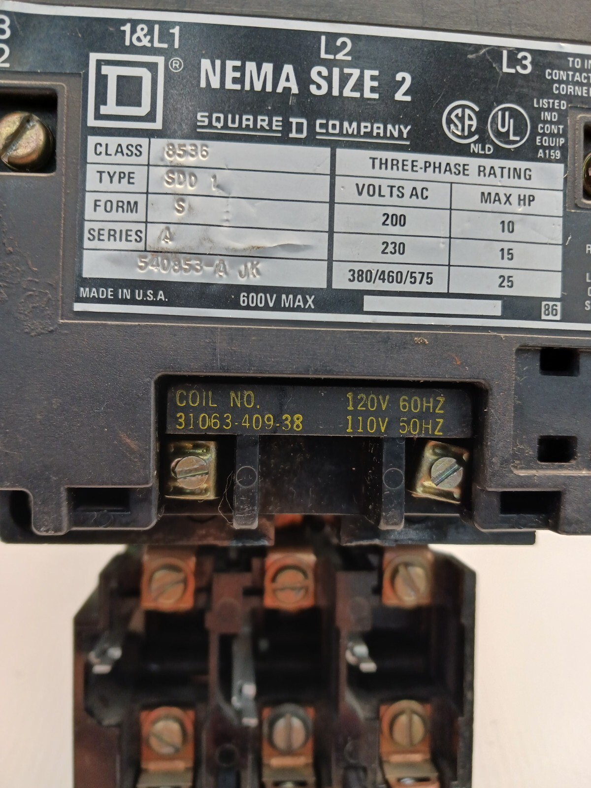 SQUARE D SIZE 2 MOTOR STARTER 8536 SD01 COIL 120V 25 HP 45 AMP