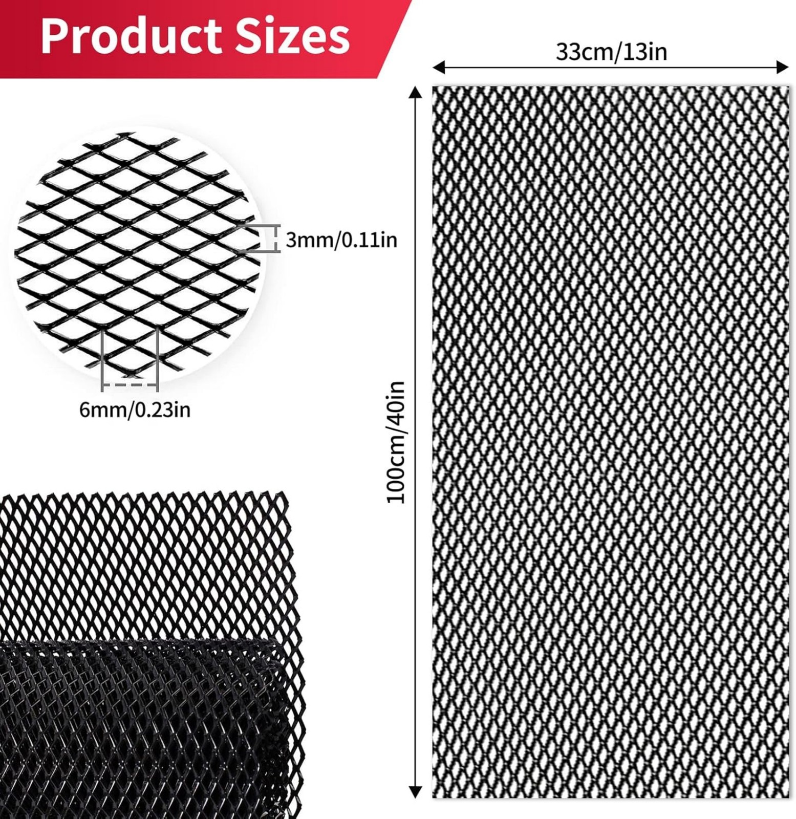 Universal Car Grill Mesh 40" x 13", Black-Painted 3 x 6mm Rhombic Hole black