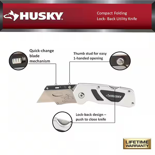 Husky Folding Lock-Back Utility Knife Compact Razor Box Cutter
