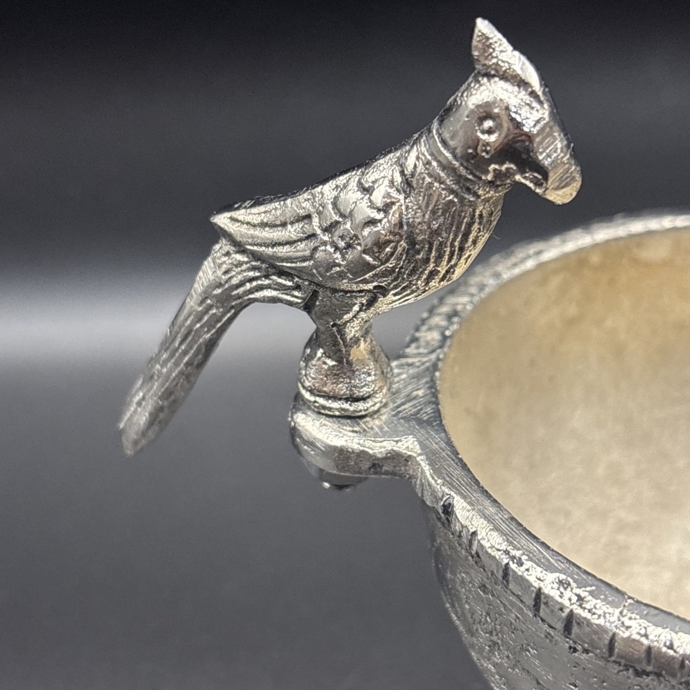 German Silver Bowl With Two Parrots Hand Crafted 3” Dia
