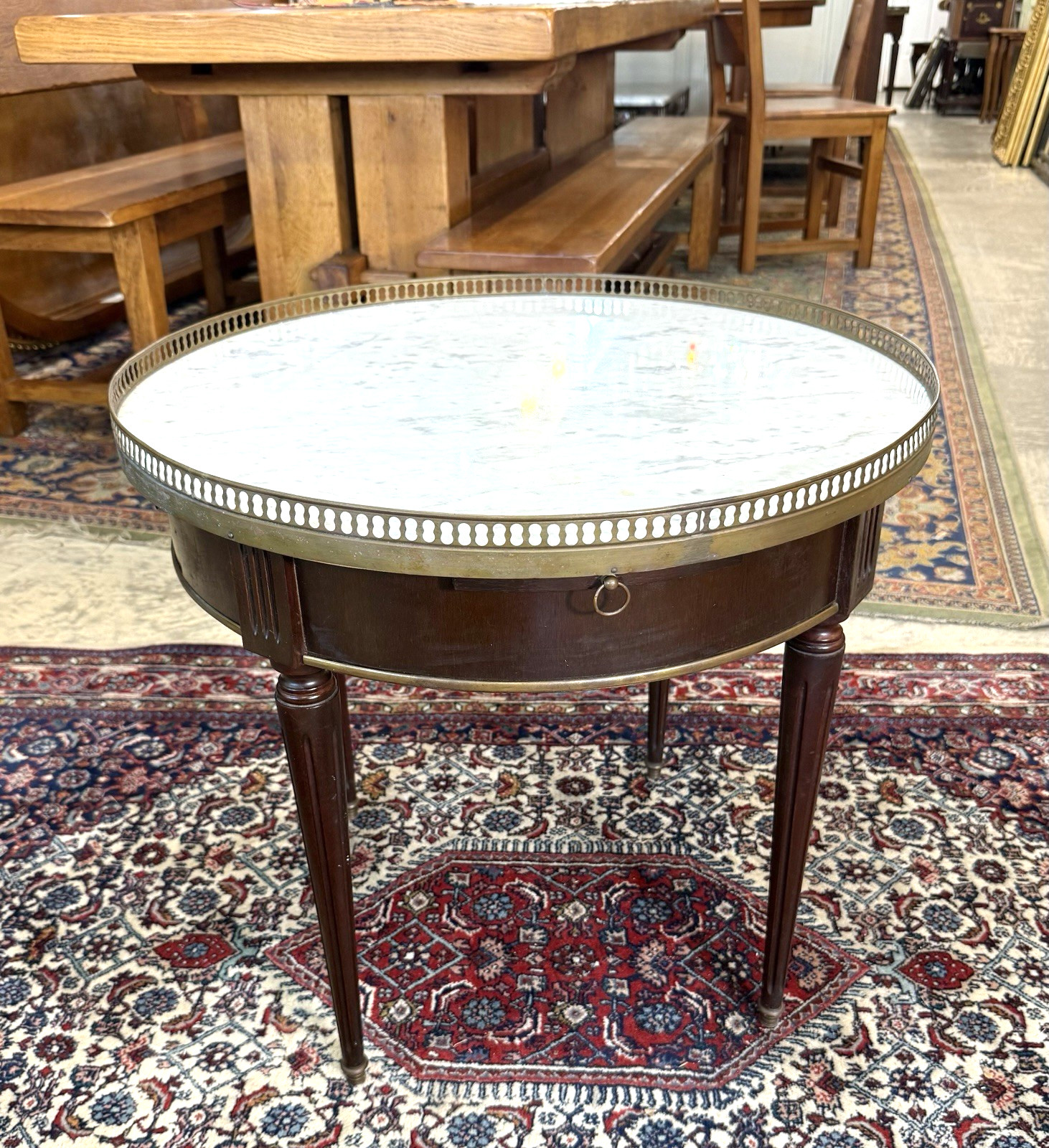 Antique French Louis XVI Mahogany Marble Top Bouillotte Round Side Table