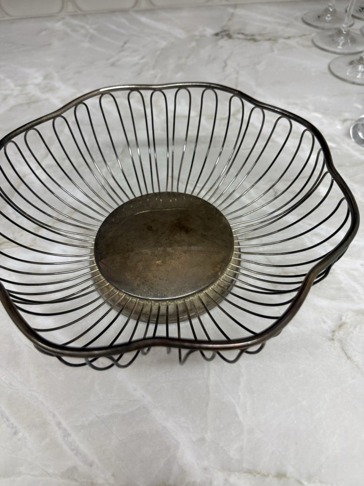 2 Vtg Silver Round Wire Bread Fruit Basket Flower Shape Retro MCM