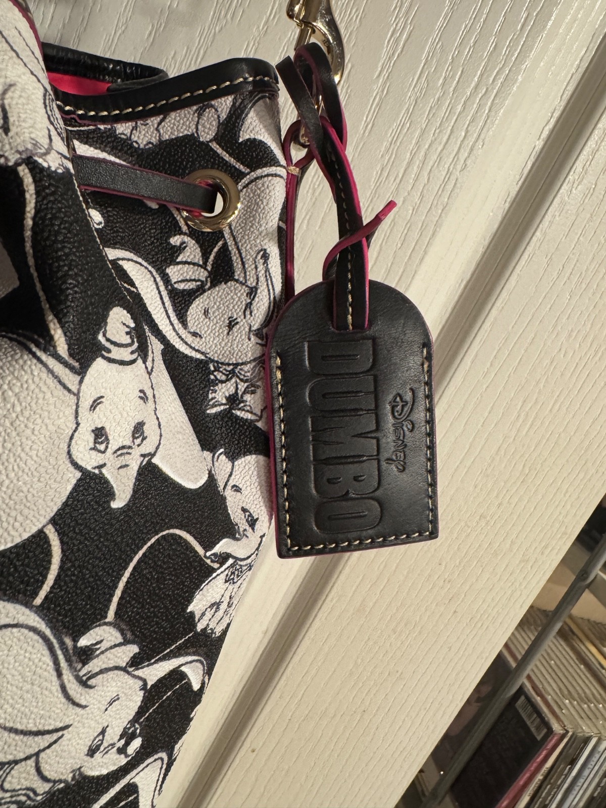 Dooney & Bourke Disney Black White Pink Dumbo Drawstring Bucket Purse Handbag