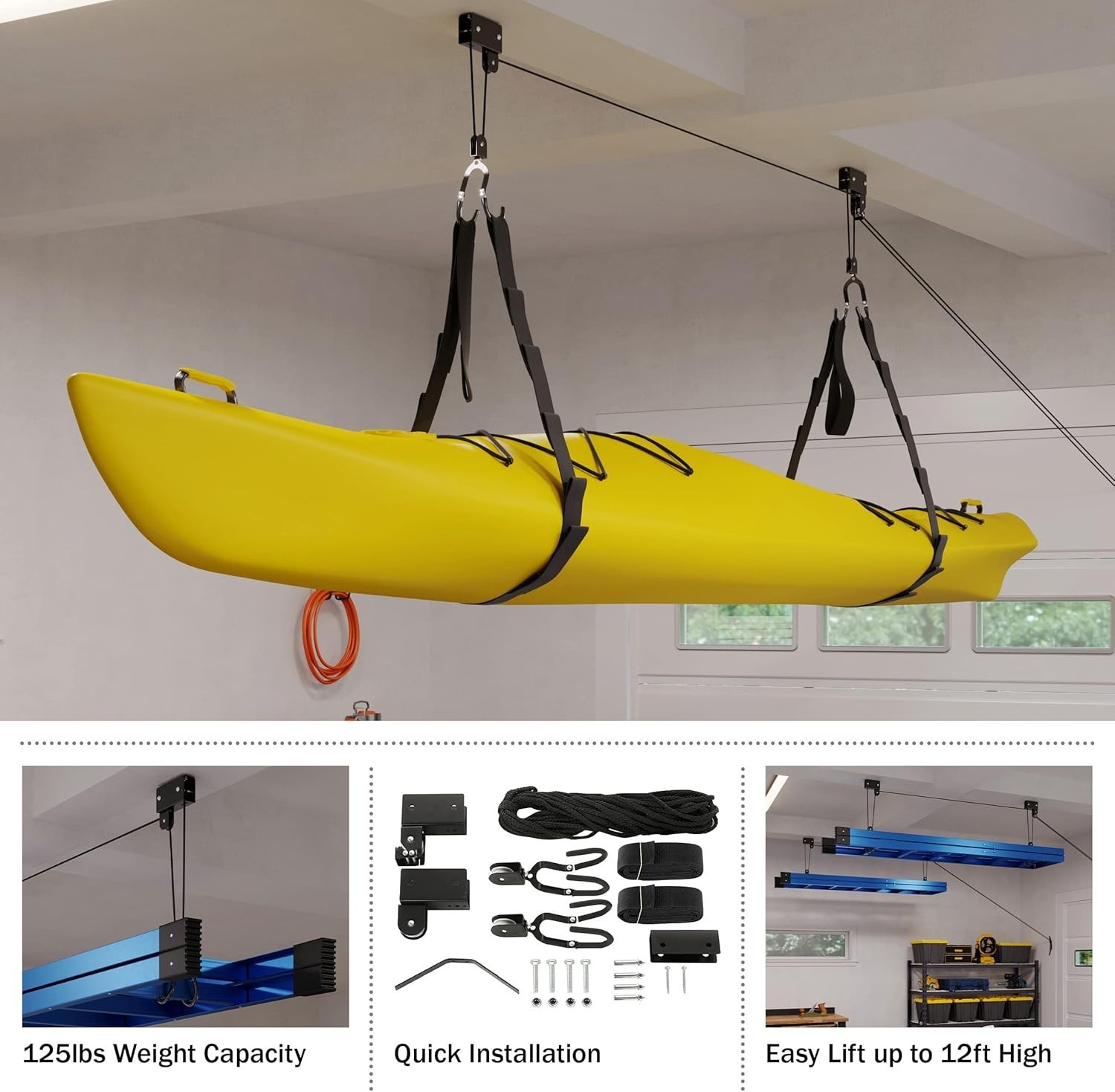 Kayak Hoists Overhead Pulley System 125lb Capacity for Canoes Bikes Ladders