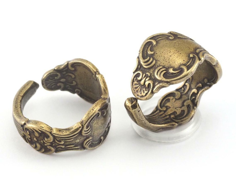 Spoon Ring Flower Patterned Adjustable Ring Antique Bronze Plated brass 8US 2676