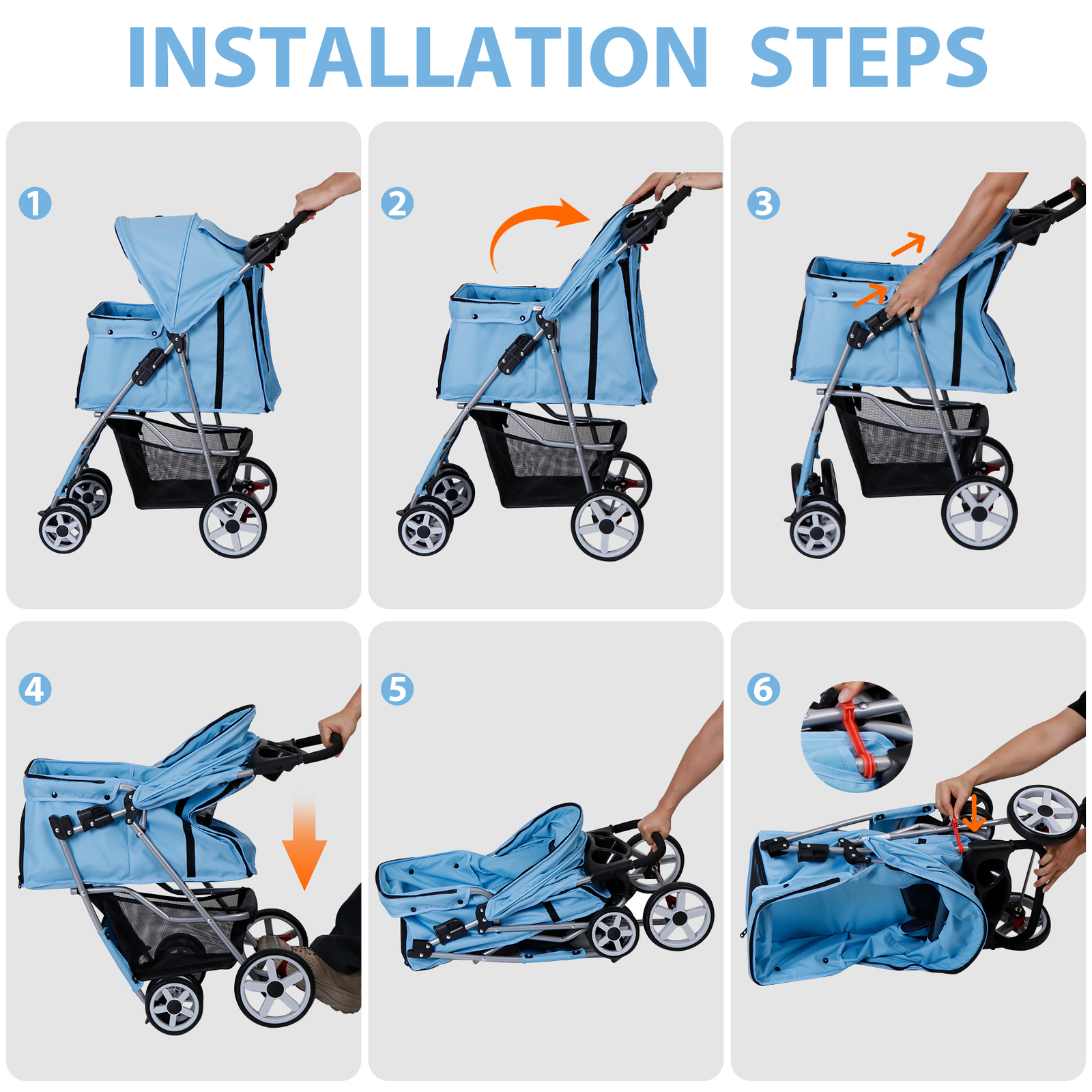 4 Wheels Pet Stroller Portable Dog Stroller w/ Storage Basket & Cup Holder Blue