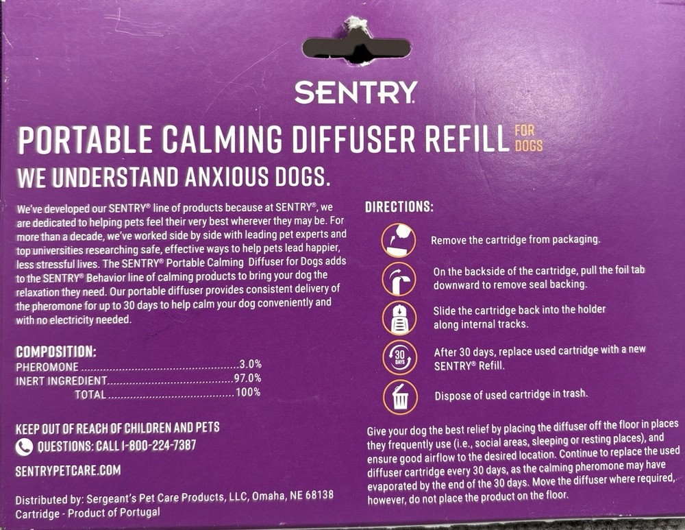 SENTRY Portable Pheromone Calming Diffuser Refill for Dogs 2 Pack 60 Days Total