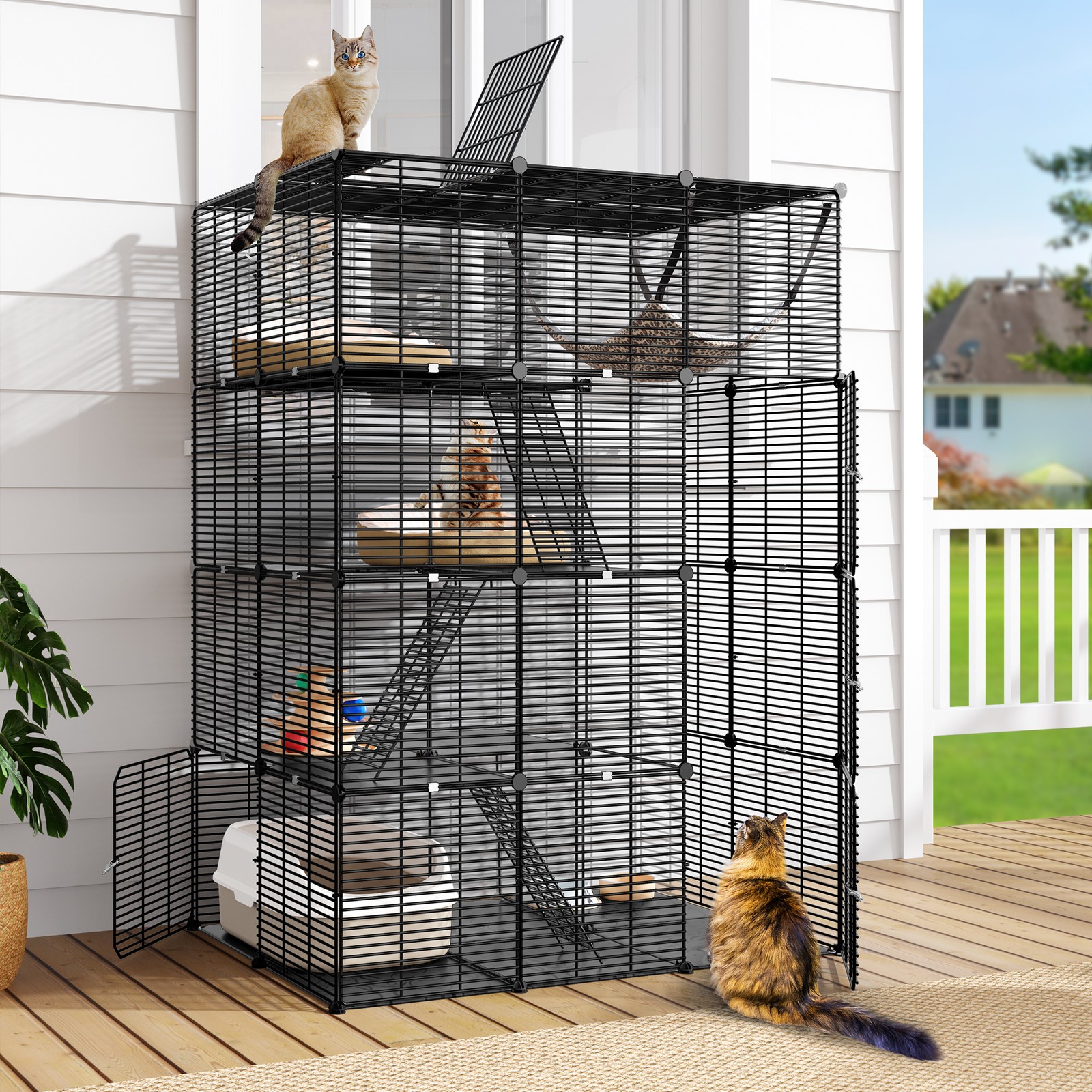41x55" Black 4 Tier Ferret Cage Free Hammock Metal Rabbit Hutch Cat Catio