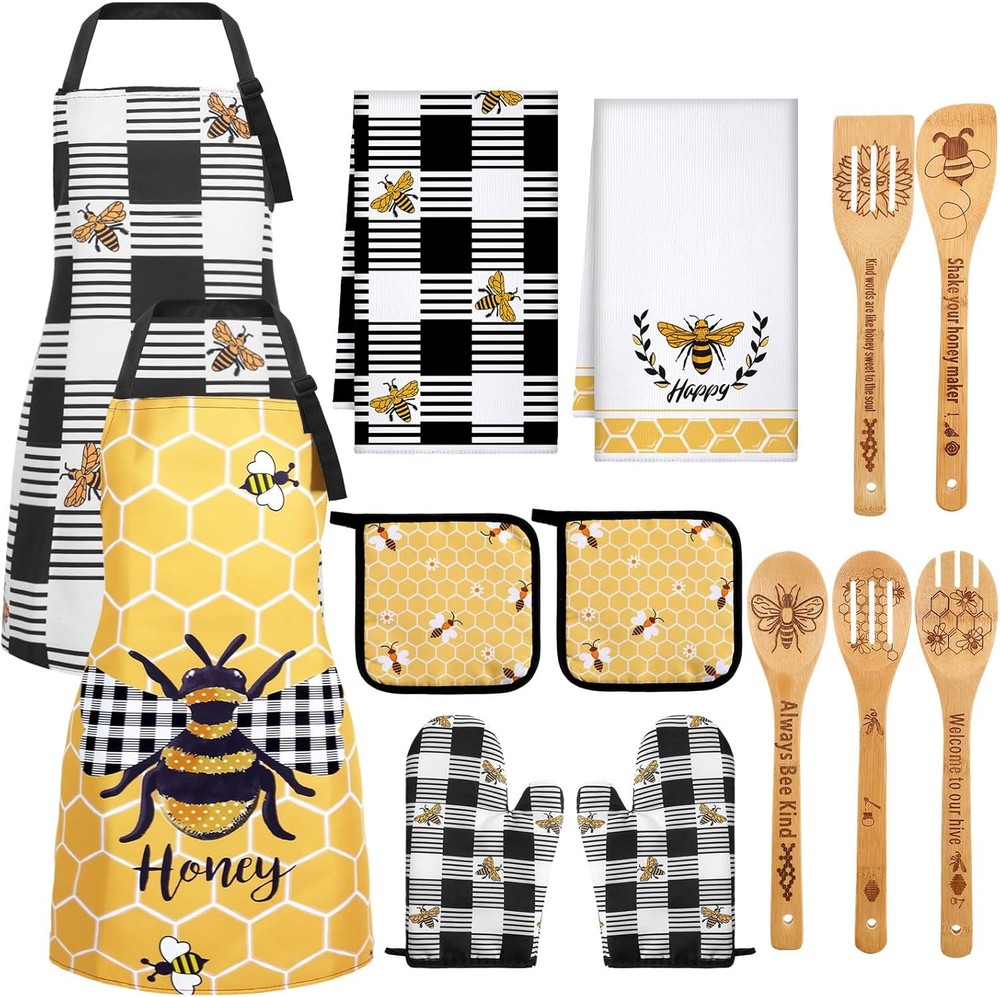 Bee Suower Farmhouse Kitchen Set Include 5 Cute Wooden Spoons