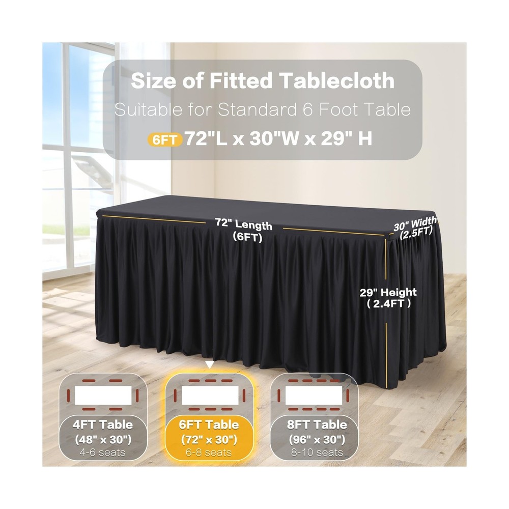 6 Pack Black Rectangle Table Clothes for 6 Foot Tables, Polyester Fitted Tabl...