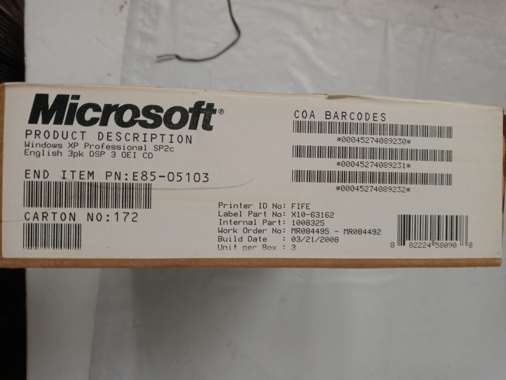 Boxed Microsoft Windows XP Professional w/SP2c Operating System (E85-05103) 3pak