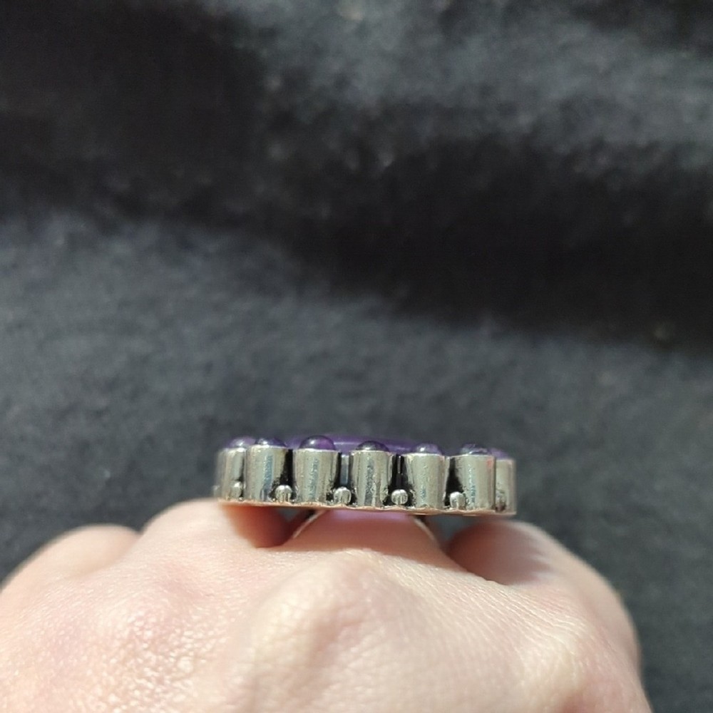 Silver Plated Purple Amethyst Gemstone Cluster Chunky Statement Ring - Size 8