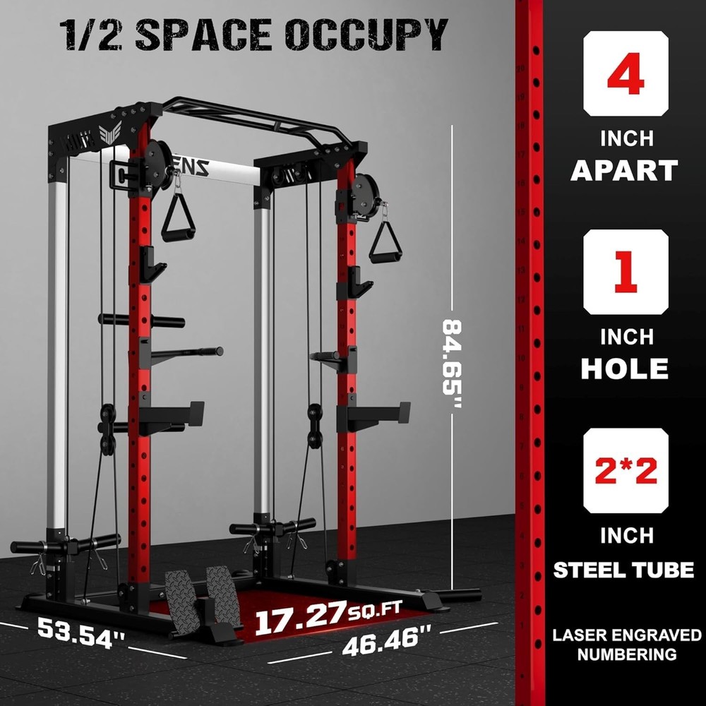 Power Rack Cage, Weight Rack with Dual Pulley Cable Crossover Machine,Multi-Func