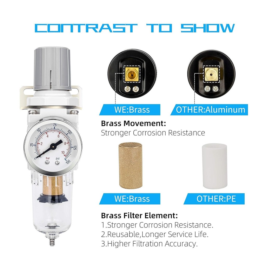 5 Micron Air Filter Regulator Combo with Poly Bowl - Semi-Auto Drain Function