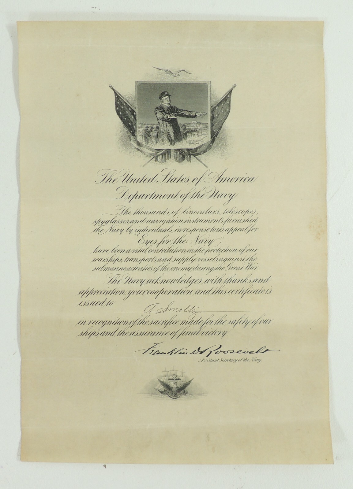 US Navy's "Eyes for the Navy" Program Document 1918-1919 FD Roosevelt