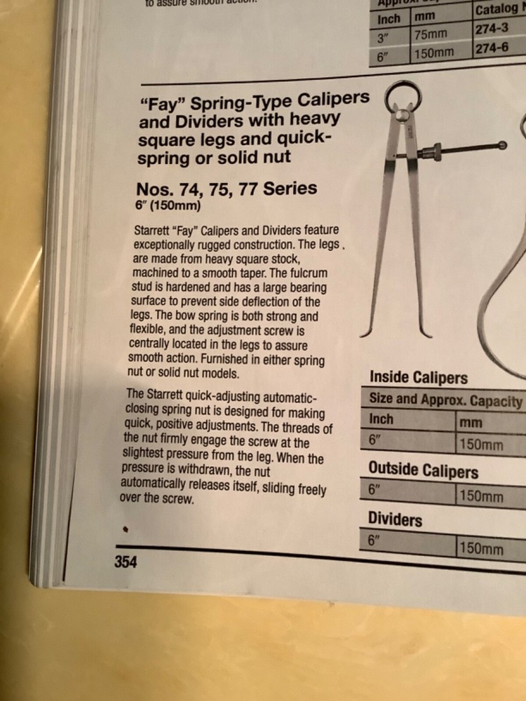 Starrett 75A-6 Fay Spring Type Outside Caliper, Solid Nut 6" EDP # 50355
