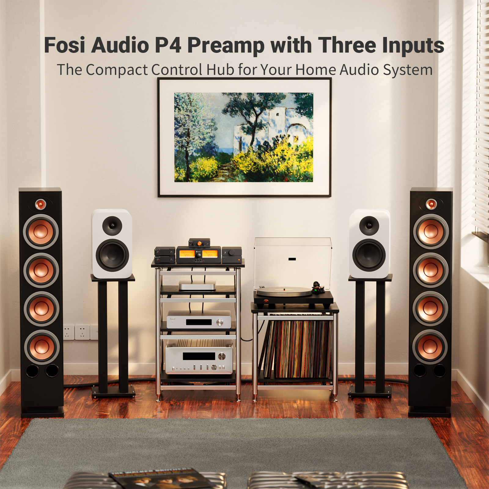 Fosi Audio P4 Mini Preamplifier Bass & Treble Control Gain Adjustable W/3 Inputs