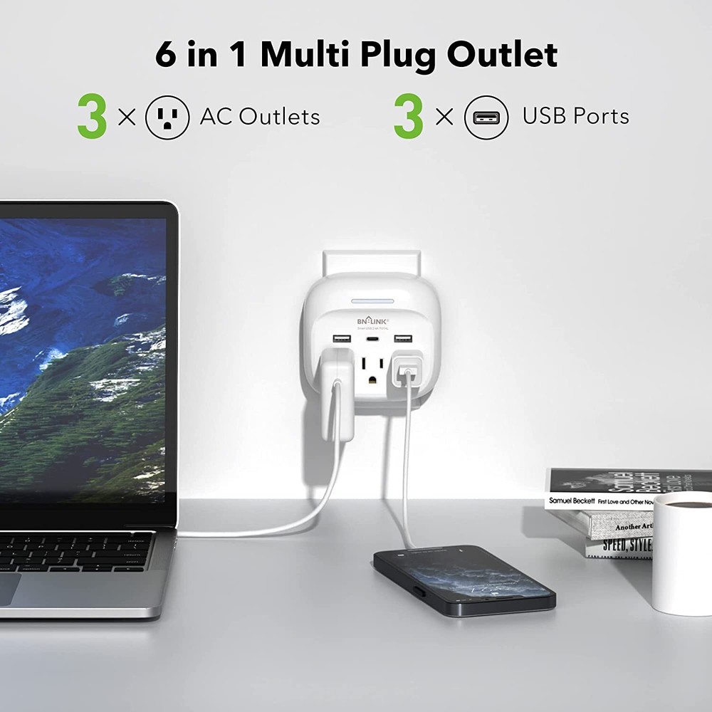 Multi Plug Outlet Extender With USB C, 3 Outlets Surge Protector 600J Wall Plug