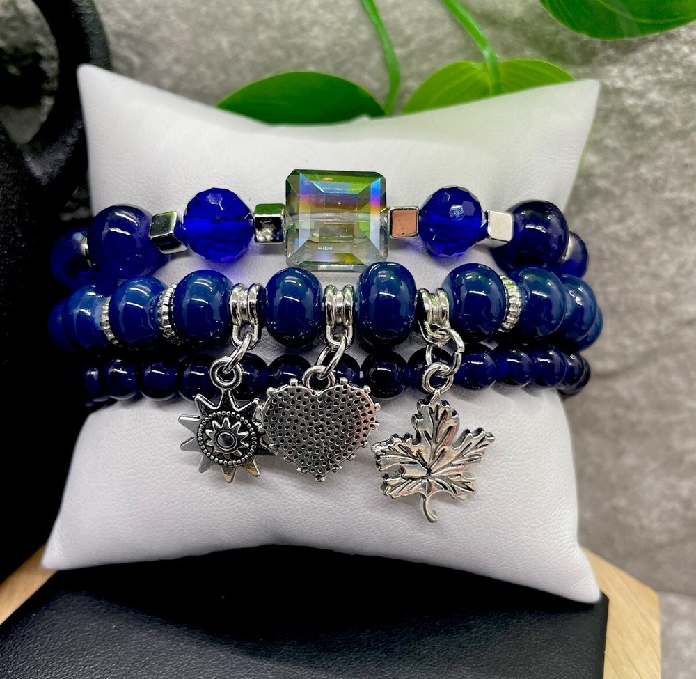 3 PC Handmade Boho  Beaded Stackable 6.5” Plus Stretch Bracelet Set New B1327