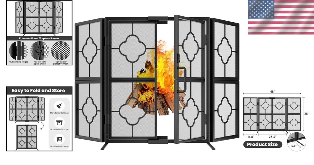 Adjustable 3-Panel Wrought Iron Fireplace Screen - Decorative Fire Guard 48"
