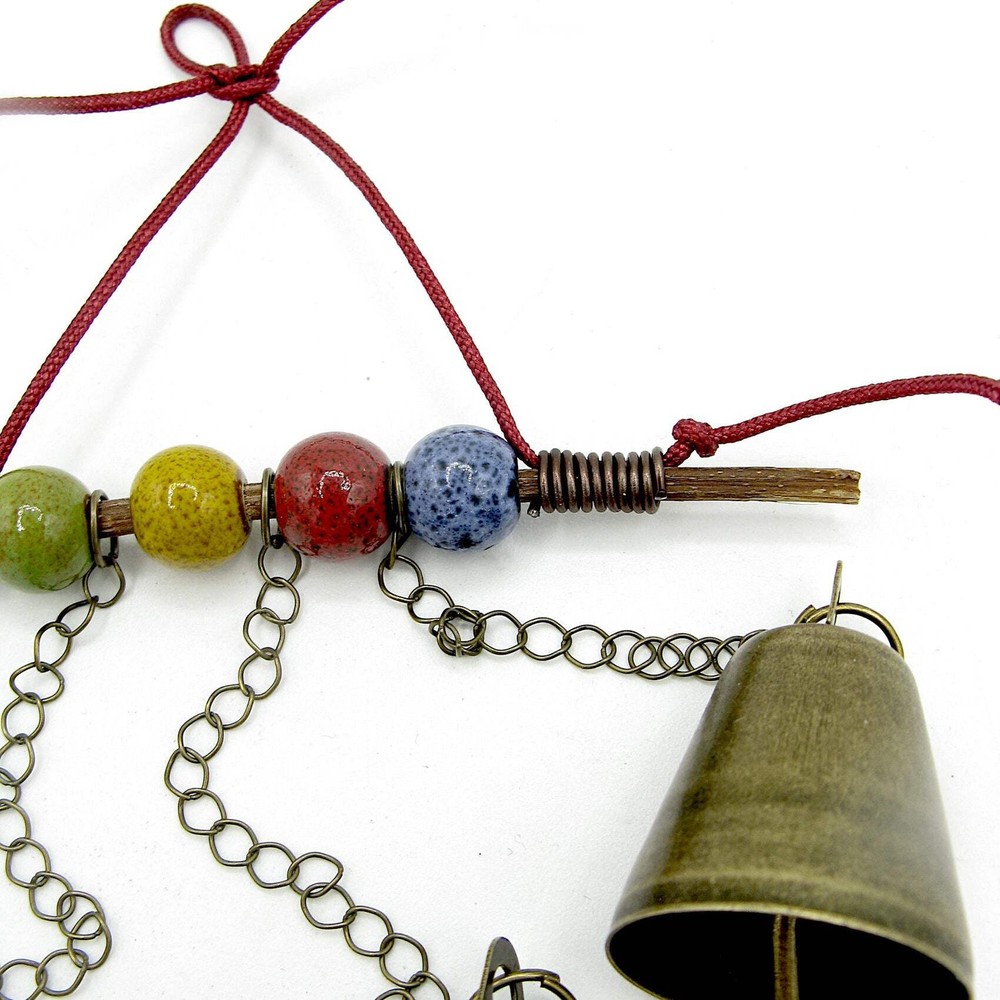 Witch's Bell: 3 Bells, Twig, Colorful Beads, Chains, Red String - Handcrafted