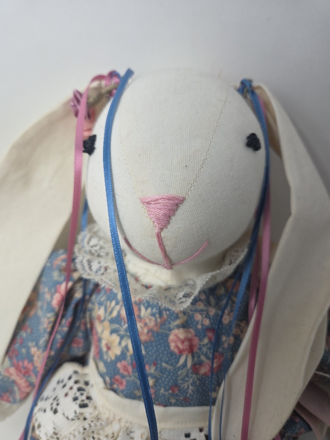 Vintage Handmade 19” Easter Bunny Rabbit Doll Flowers Floral Lace Dress & Apron