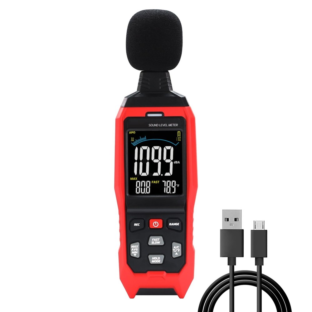 Sound Level Meter with Data Logging, 30-130dB, Visual Alarm, PC Connection, Temp