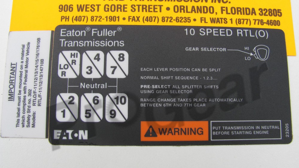 Eaton Fuller SUPER 10 Transmission Shift Pattern label 23205