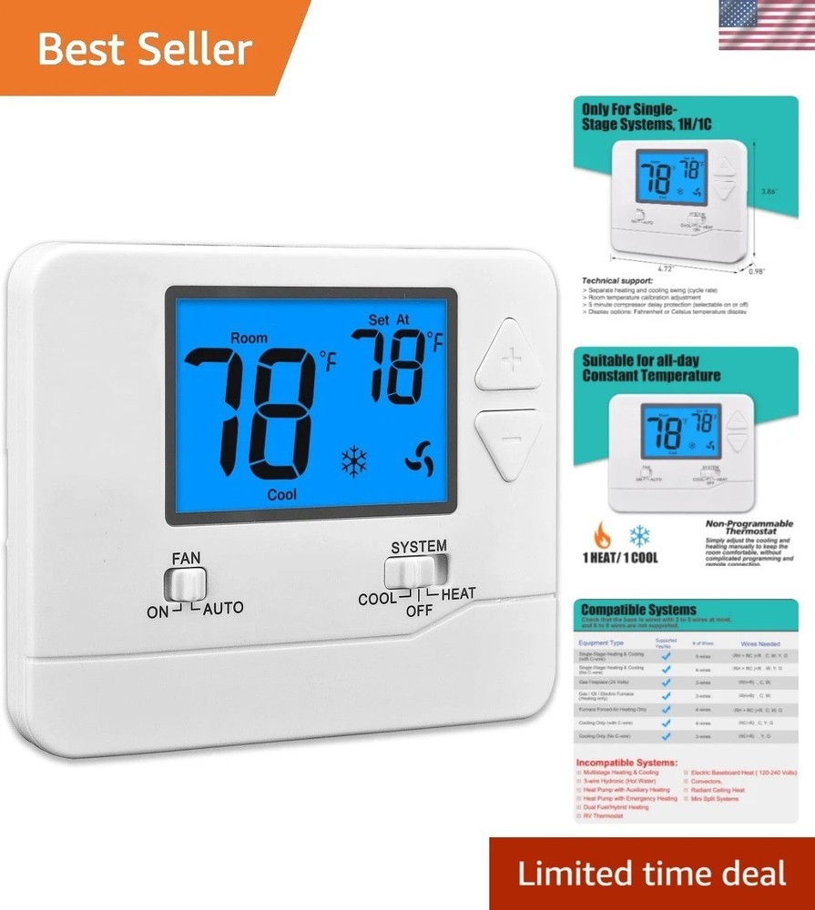 Smart Non-Programmable Thermostat for Home Heating & Cooling, LCD Display