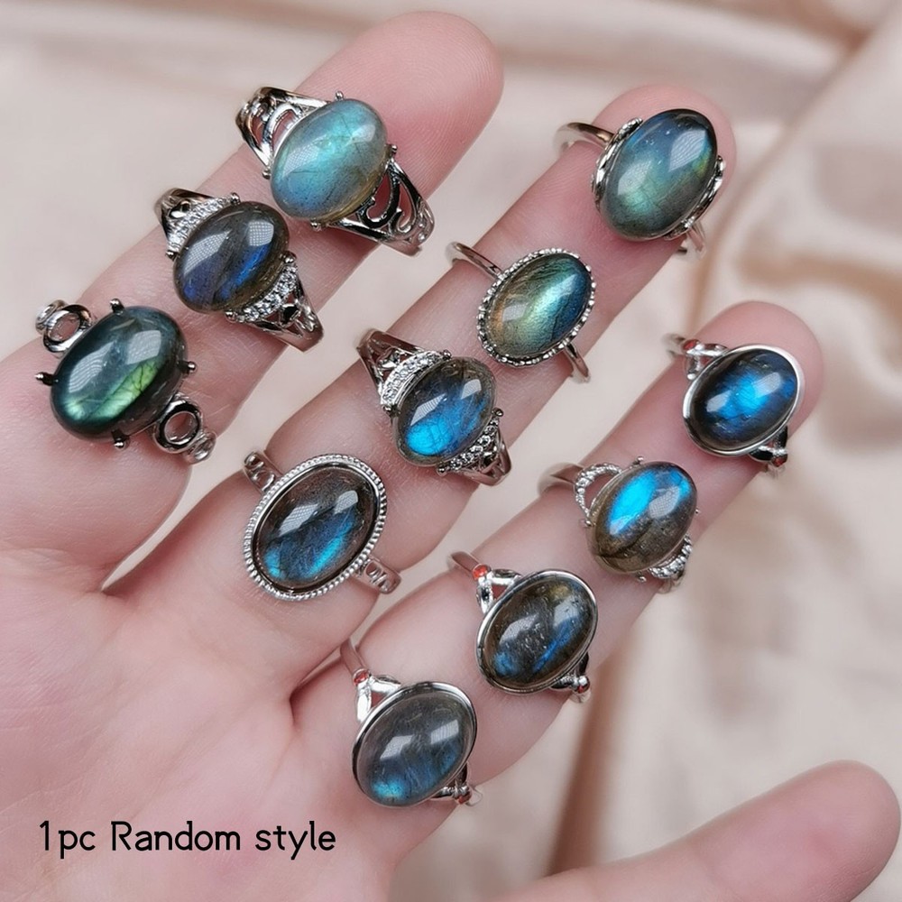 1Pc Natural Blue Flash Labradorite Oval Adjustable Open Ring Crystal Gemstone