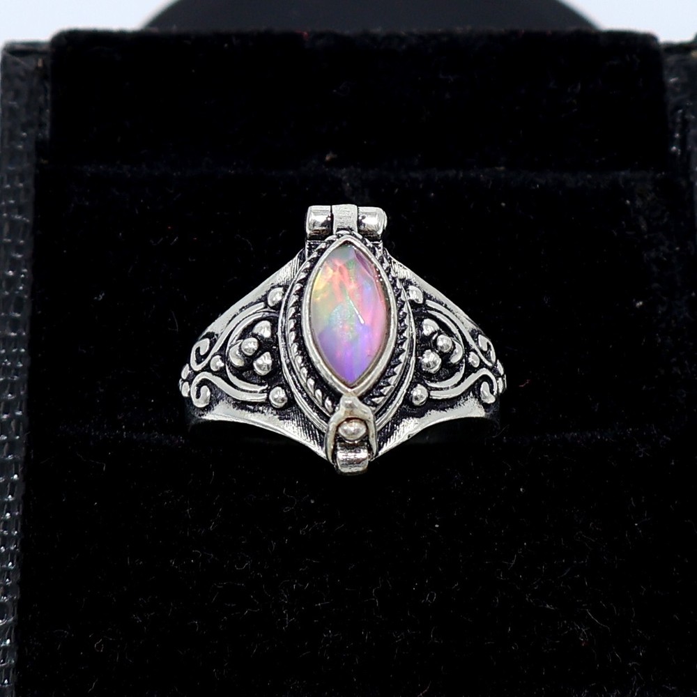 Aurora Opal Stone Poison Ring, 925 Silver Platted, Compartment Pill Box Ring