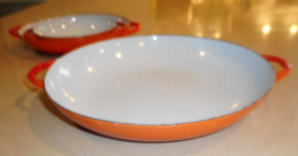 Sauté Pans Orange & White Enamel Set 3 Nesting