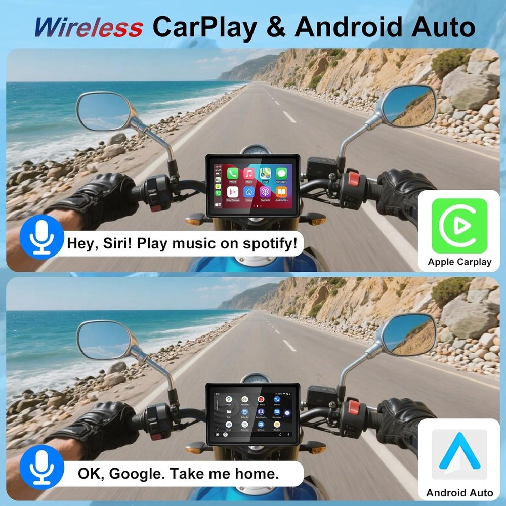 Wireless CarPlay for Motorcycle, 5" Touchscreen with Android Auto, IP67 Water