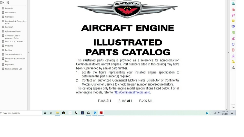 Continental aircraft engine E series E185 E225 service overhaul manual Library