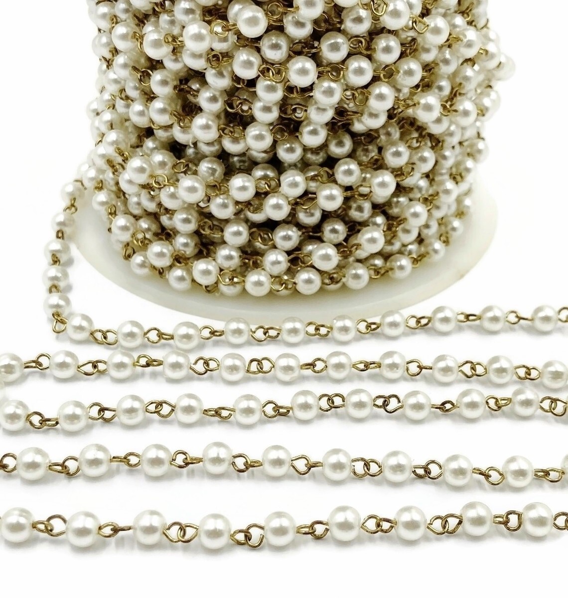 3 FEET VINTAGE HONG KONG WHITE PEARL 6mm BEADED BRASS ROSARY LINK CHAIN 1058-6mm