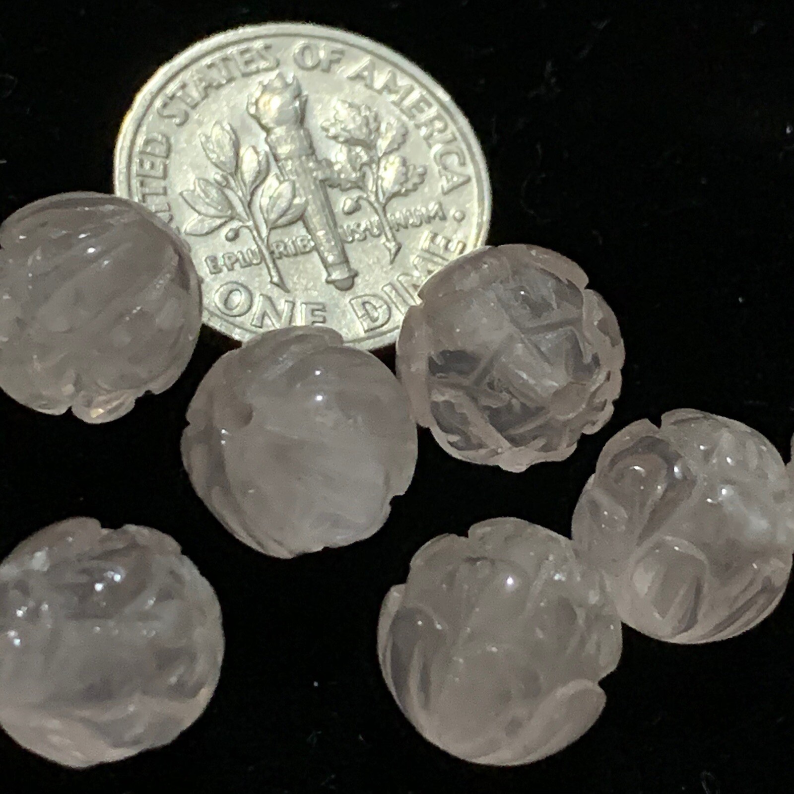 One Vintage Carved Chinese Bead Rose Quartz Pink Lotus Flower Design 10mm Round