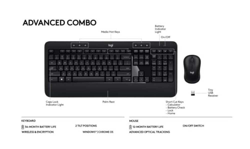 Logitech Advanced Complete Wireless Keyboard and Mouse Combo 2 Full Size MK540E